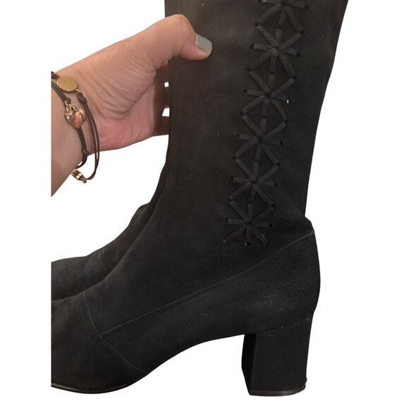 Crown Europa Navy Knee-High Suede Boots With Embroidered Detail Block Heel - Picture 11 of 12